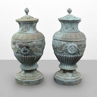 Pair of Monumental Urns, Classical Relief