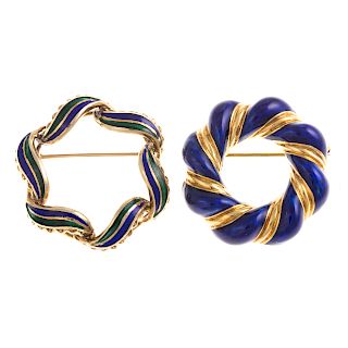 A Pair of Enamel Open Circle Pins in Gold
