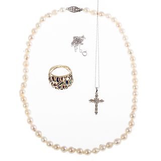 A Diamond Cross, 14K Enamel Ring & Pearl Necklace