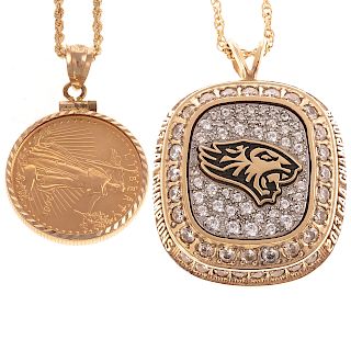A Gold Coin Necklace in 14K & Towson Pendant