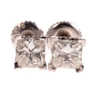 A Pair of Diamond Princess Cut Studs in Platinum
