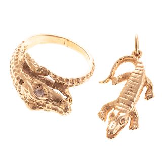 An Alligator Ring & Pendant in 14K Gold