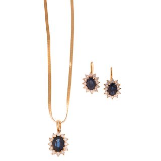 A Sapphire & Diamond Earring & Pendant Set in Gold