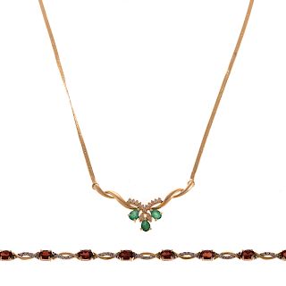 An Emerald & Diamond Necklace with Garnet Bracelet