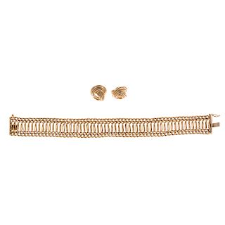 A Wide Gold Bracelet & Clip Knot Earrings in 14K