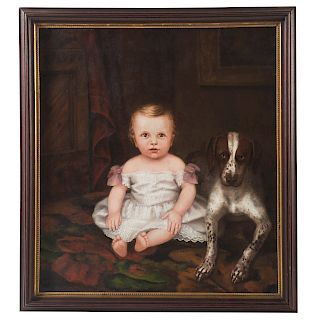 American School, 19th c. Portrait of Baby with Dog