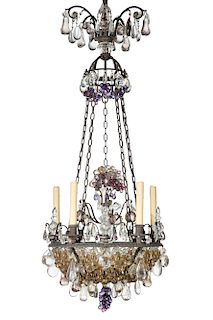 A French colored and clear glass five light chandelier