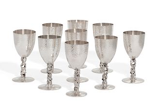 Nine Mexican Modernist sterling silver goblets