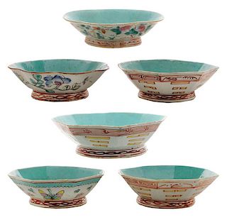 Six Enameled Porcelain Footed Bowls
