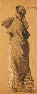 Attr. Alfred E L Stevens, charcoal, woman in kimono