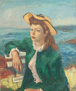 Robert Philipp, oil, Young woman at seaside cafe