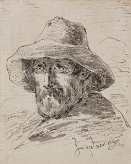 Ink wash drawing, portrait of a man in a hat