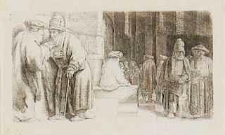Rembrandt, etching, Jews in the Synagogue