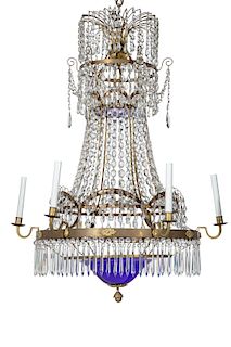 Swedish Neoclassical bronze and glass chandelier