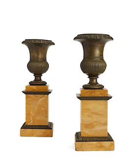 Pair of Neoclassical style bronze and marble urns