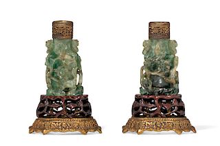 Pair of Chinese gilt bronze and hardstone lamps