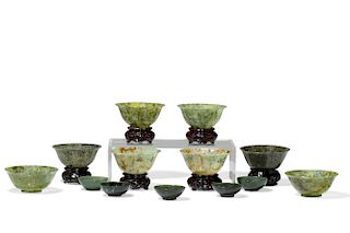 A group of thirteen Chinese jade bowls