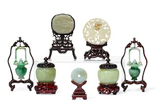 A group of seven Chinese carved jade table decorations