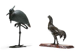 Two Japanese patinated metal models of birds