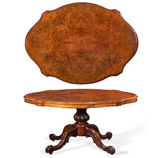 A Victorian burl walnut tilt top breakfast table