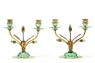 Pair of Venetian green glass two light candelabra