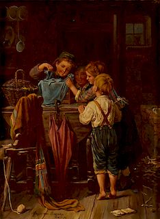 Johann G M Von Bremen, oil, Children with a pet