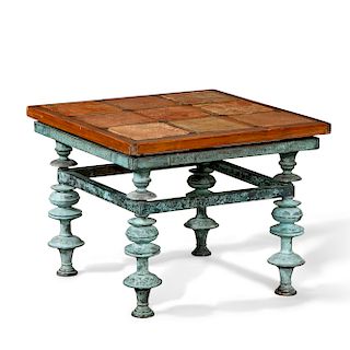 An Italian terracotta and verdigris bronze table