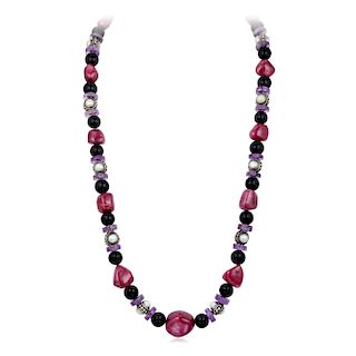 A Multi-Colored Gemstone and Cultured Pearl Bead Necklace