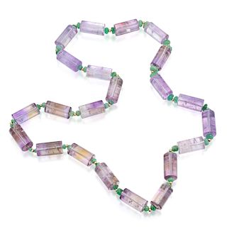 An Ametrine Tube and Emerald Bead Necklace