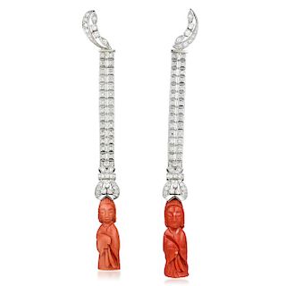 A Pair of Diamond and Coral Drop Earrings