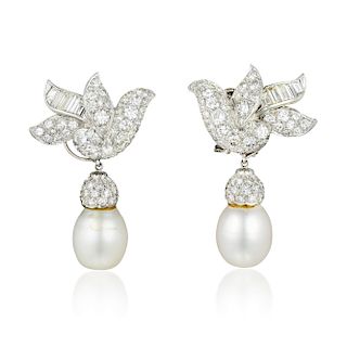 A Pair of Day/Night Diamond and Pearl Drop Earrings