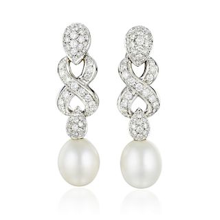 A Pair of Cultured Pearl and Diamond Earrings, Italian