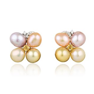 A Pair of Pink Cultured Pearl and Diamond Earclips
