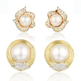 Two Pairs of Cultured Pearl and Diamond Earclips