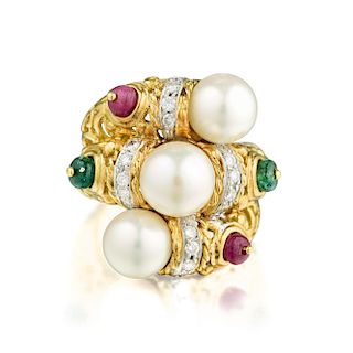 A Cultured Pearl Ruby Emerald and Diamond Ring, Italian