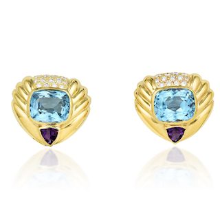 A Pair of Topaz Amethyst and Diamond Earclips