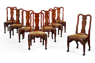 Eight Irish George II yew wood side chairs, 18th C
