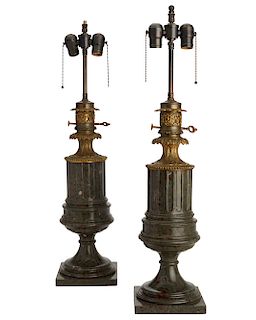 A pair of French marble column form oil lamps