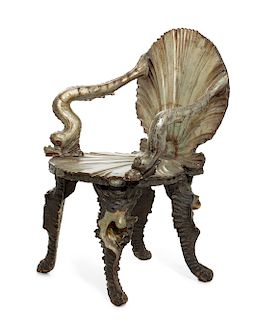 A Venetian carved silvered wood grotto armchair