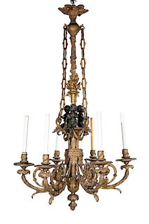 A French bronze figural six light chandelier
