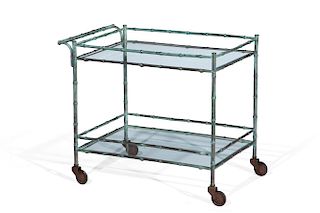 A verdigris bronze faux bamboo cocktail trolley