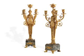 Pair of Empire style bronze and marble candelabra