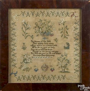 New Jersey silk on linen sampler, dated 1841, wrought by Mary Jane Carpenter, 17'' x 16 1/2''.