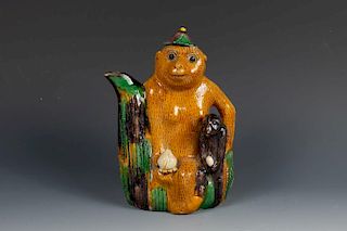 Chinese Porcelain Sancai Glaze Monkey Teapot, 19thc.