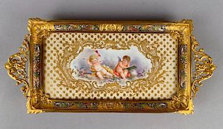French Porcelain Gilt Bronze and Champleve Enamel Tray