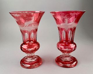 Pair of Bohemian Engraved Cranberry Overlay Vases