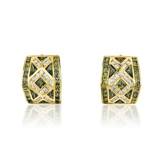A Pair of Green Sapphire and Diamond Earrings