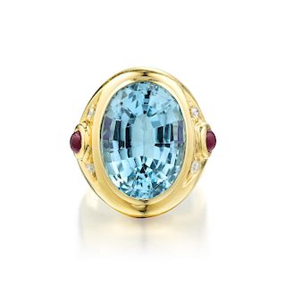 A Topaz Ruby and Diamond Ring