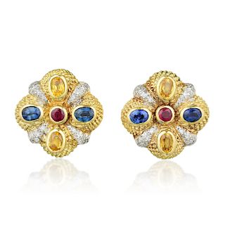 A Pair of Ruby Multi-Colored Sapphire and Diamond Earclips