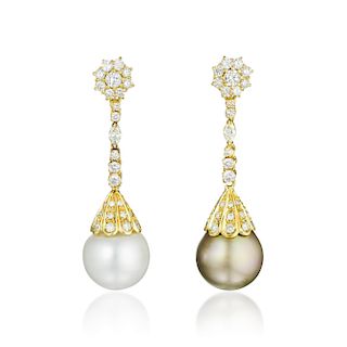 A Pair of South Sea Cultured Pearl and Diamond Earrings